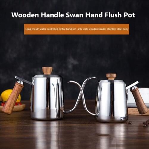 350/600ML Drip Kettle Coffee Tea Pot Stainless Steel Gooseneck Drip Kettle Swan Neck Mouth Wooden Handle Coffee Pot With Lid