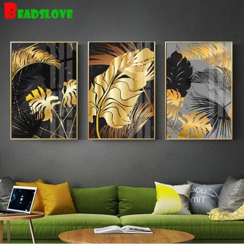 Black Golden Leaf 5d Diy diamond Painting Cross Stitch full square round mosaic diamond embroidery home decor nordic art gift