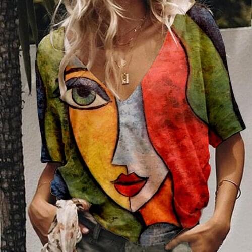 V Neck Tshirt Womens Summer Casual Oversize Print Shirt Tops Loose Vintage Female Tee Streetwear Y2K Short Sleeve Clothes