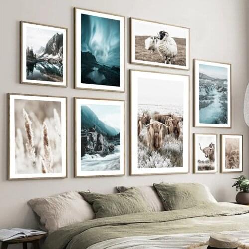 Mountain Waterfall Highland Cow Sheep Reeds Poster Nordic Poster Wall Art Print Canvas Painting Decor Pictures For Living Room