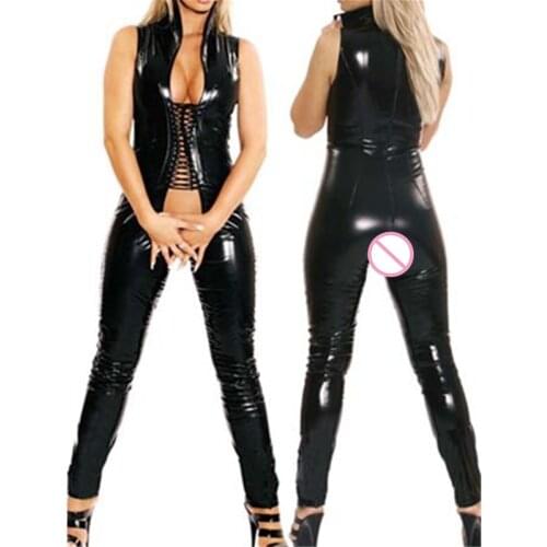 Wetlook Women Shiny Black Spandex Vinyl Leather Catsuit Open Crotch Adult Sex Fetish Jumpsuit Bodysuit Costume