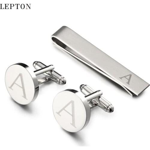 Hot Sale Round Letters A Cufflinks for Mens Silver Color Letters A of alphabet Cuff links & Tie Clip Set Men Shirt Cuffs Button