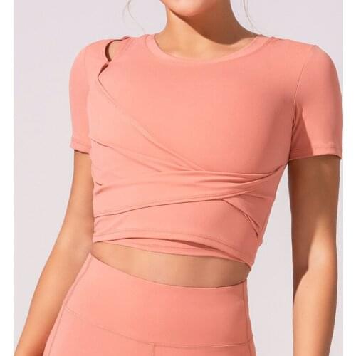 New Exposed Navel Yoga Crop Tops Short Sleeve Fitness Shirt Women Moisture Wicking Running Sport Gym Quick Dry Workout Tee Top