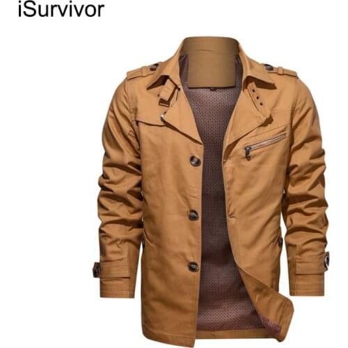 ISurvivor 2021 Autumn New Pure Cotton Mens Casual Jacket Fashion Solid Color Lapel Mid-length Single-breasted Jacket