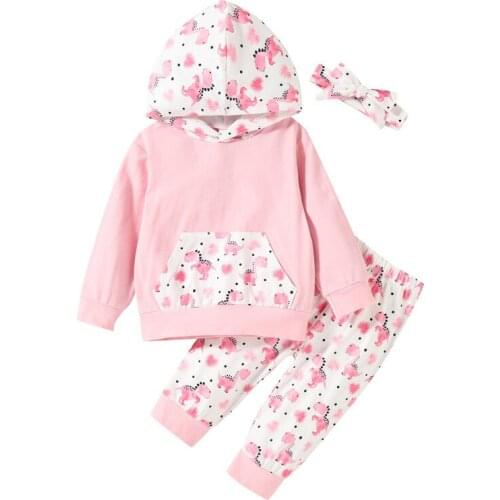 0-24 Months Baby Girl 3pcs Fall Outfits Cute Dinosaur Print Long Sleeve Hooded Sweatshirt Pants Headband Set Girls Clothes Set