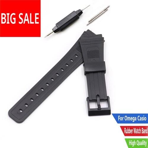 CARLYWET 20mm Black Watch Band Loop Silicone Rubber Straight End With Black Plastic Pin Buckle For Casio Cartier Omega IWC Tag
