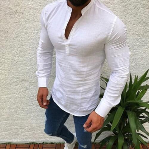 2019 Sexy New Men Long Sleeve Shirt Summer Fashion Casual Cool Clothing Slim Fit Tees Tops Male Breathable Linen Shirt