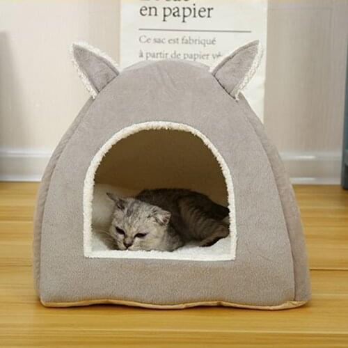 Removable Cat Bed Self Warming for Indoor Cats Foldable Dog House with Mattress Puppy Cage Lounger Grey Pink
