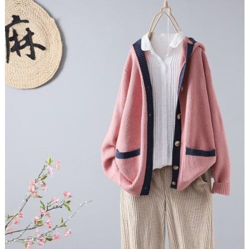 Loose Knitted Hooded Women Sweater Cardigan Winter New 2021 V-Neck Button Pocket Thicken Warm Female Outwear Coats Tops