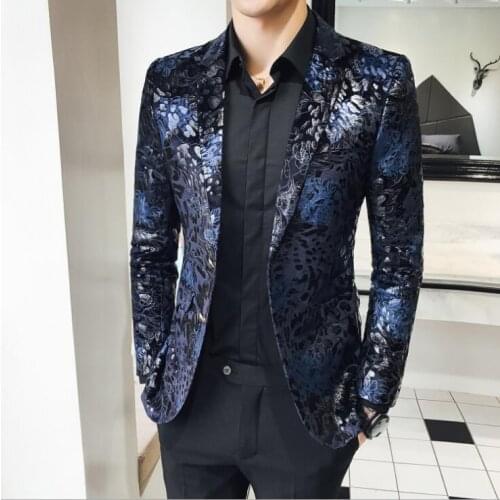 High Quality easy care New Gold velvet Blue Fashion Suit Mens Spring Europe Britpop Blazers Retro slim fit wedding suits for men