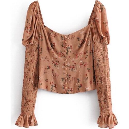 Evfer Women Vintage Square Collar Single Breasted Long Puff Sleeve Elastic Short Blouse Female Elegant Floral Print Slim Tops