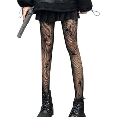 C6UD Women Sexy Black Fishnet Nylon Tights Hosiery Star Leopard Plaid Dot Jacquard Patterned Pantyhose Gothic Punk Hollow Out