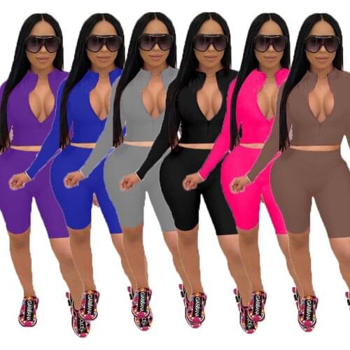 Women Workout 2 Piece Matching Sets Casual Sweatsuits Deep V Neck Zipper Long Sleeve Crop Top and Biker Shorts Moto Biker Outift