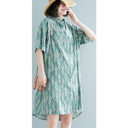 Oversized Women Cotton Linen Shirt Dress New Arrival 2021 Summer Vintage Style Floral Print Loose Female Short Sleeve Tops S3783