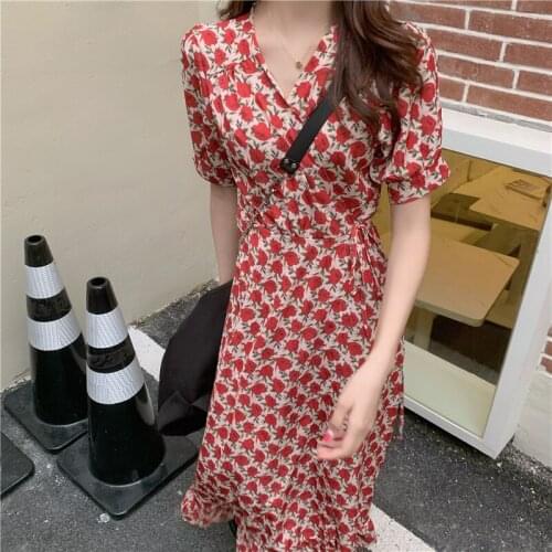 Floral Printed Beach Holiday Long Dress Women 2021 Summer Short Sleeve V-neck One-piece Sashes Korean Vintage Ladies Vestidos