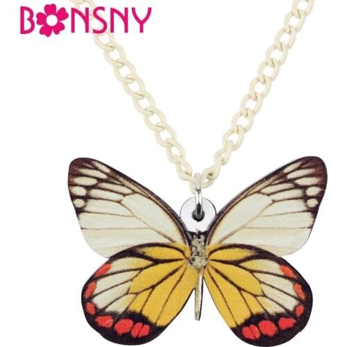Bonsny Acrylic Pieridae Butterfly Insect Necklace Pendant Chain Collar Novelty Animal Jewelry Charms For Women Girl Accessories