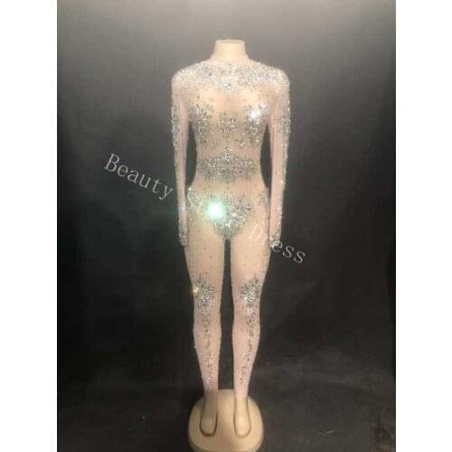 Sparkly Silver Crystals Mesh Jumpsuit See Through Birthday Outfit Female Singer Evening Party Prom Celebrate Sexy Dance Costume