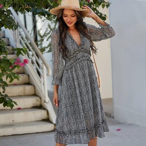 Capucines New 2021 Spring Summer Ruffles Floral Print Midi Dress Women V Neck Wrist Sleeve Elegant Boho Vacation Chiffon Dresses