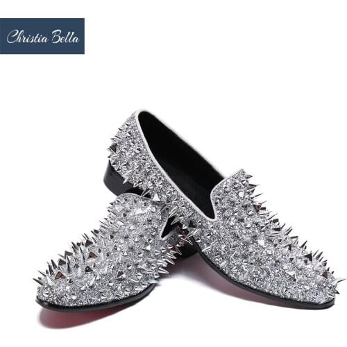 Christia Bella New Fashion Full Rivets Genuine Leather Men Loafers Large Size Slip On Roud Toe Formal Dress Men Flats Shoes