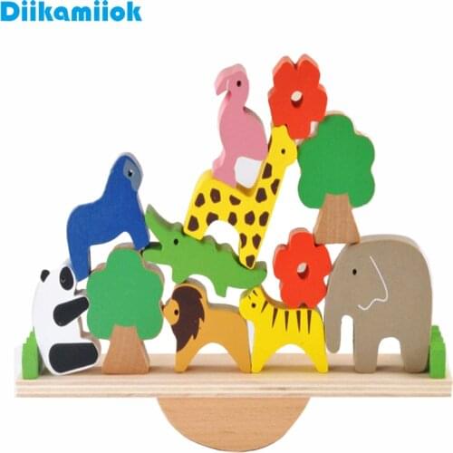 Kids Wooden Forest Animals Seesaw Balance Training Game Baby Educational Learning Toys for Children Wood Stack Building Blocks