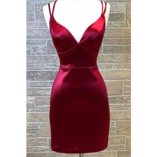 Elegant Short Bodycon V-Neck Burgundy Homecoming Dresses Satin Knee Length Criss Cross Back Graduation Dresses for Juniors