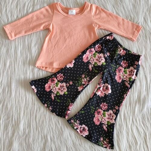 2020 hot sale baby girls designer clothes set solid color cotton fall outfits flower print boutique girls clothing fall outfits