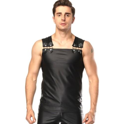 Black Mens Wet Look Patent Leather Tank Tops Buckles Shoulder Strap Vest Male Sleeveless Fitness Tights Slim Tops Waistcoat