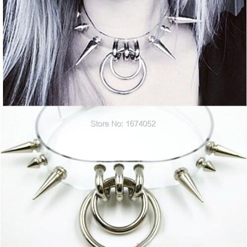 Fashion Fetish Jewelry 100% Handmade Choker Clear PVC Vinyl Double Collar Spikes Spiked Transparent Necklace