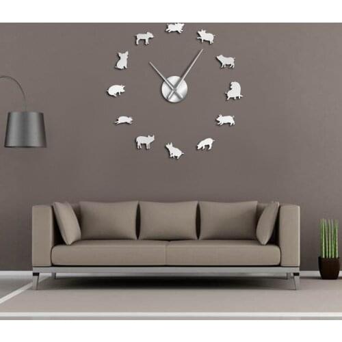 Cute Pig Cartoon Acrylic Wall Mirror Stickers Silent Framless Wall Clock Piggy Modern Baby Pigs Watch Rooms Nursery Wall Decor
