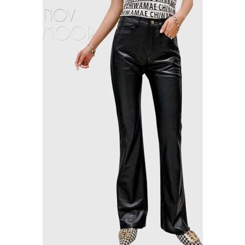 Novmoop 100% genuine leather women full length pants flare leg openning sexy french chic style Pantalones de cuero LT3556