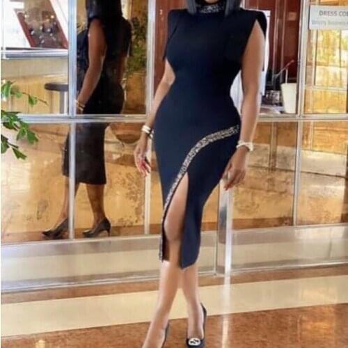 Office Basic Dress Sequin Stand Collar Side Slit Slim Fit Dress Woman Dress