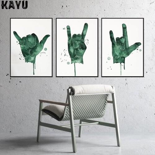 Boho Sign Language Watercolor Posters Peace I Love You Shaka Sign Canvas Painting Modern Wall Pictures Kids Room Home Decor