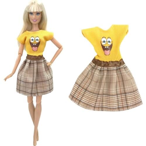 NK 1 Set Doll Dress Fashion Skirt Yellow Grimace Pattern Gown Casual Wear Outfit for Barbie Doll Accessories Girls Toys 4X