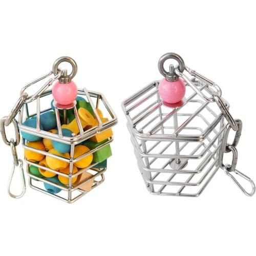 Bird Parrot Foraging Toy Stainless Steel Bird Cage Hanging Chewing Toy with Wooden Building Blocks Inside Bird Supplies Toys