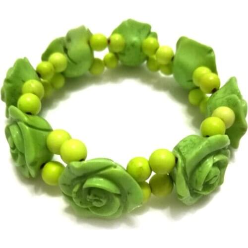 8 inches Stretch Style 10*30mm Green Flower Shaped Man Hand Carved Natural Turquois Bracelet