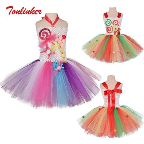 Christmas Girls Rainbow Hairball Lollipop Costume Kids Halloween Festival Tutu Children Kids Princess Cosplay Party Dresses