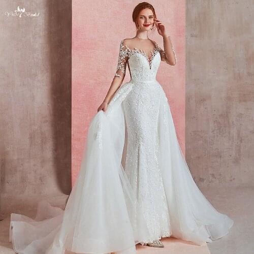 RSW1583 2 In 1 Detachable Train African Bridal Dress Long Sleeves O Neckline Illusion Back Pearls Beaded Mermaid Wedding Gowns