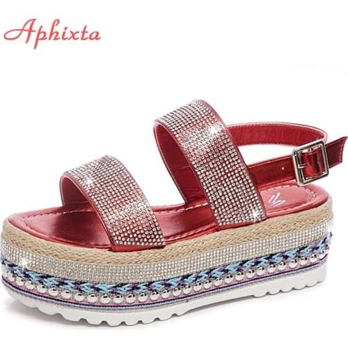 Aphixta 5cm Platform Sandals Sequins Fashion Women Wedge High Heels Shoes Open-Toed Buckle Summer Shoes Mixed Color Women Sandal