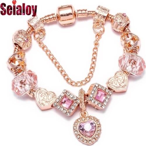 Seialoy Rose Gold Beads Popular Charm Bracelets For Women Heart Handmade Pulseiras Love Heart Bracelete & Bangle Jewelry Gift