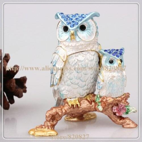 Owl Crystal Studded Jewelry Trinket Box Owl Trinket Box for Decorative Storage Colorful Owl Crystals Enamel Statue Figurine