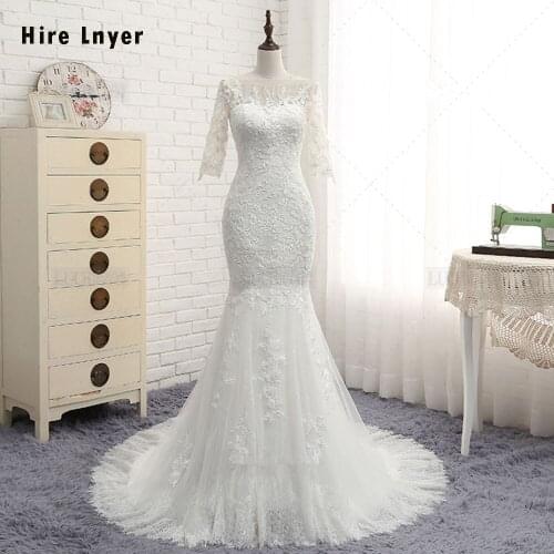 HIRE LNYER Three Quarter Sleeve Zipper Up With Buttons Decoration Lace Appliques Mermaid Wedding Dress Vestido De Noiva Sereia