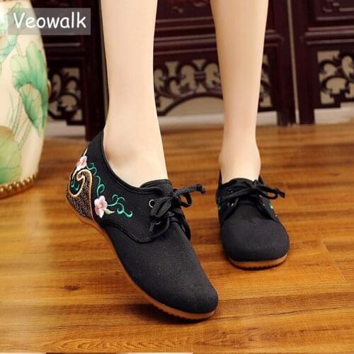 Veowalk Vintage Embroidered Women Casual Cotton Lace-up Ballet Flats Elegant Ladies Comfort Canvas Embroidery Dance Shoes