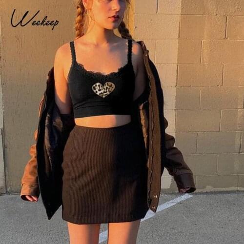 Weekeep Y2K Aesthetic Leopard Patchwork Strap Black Crop Tops Vintage U-neck Sleeveless Tank Top Outfits Slim Streetwear Tee 90s