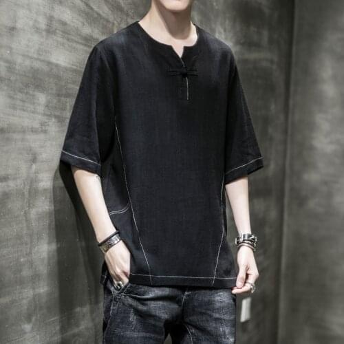 Japanese Kimono Mens Embroidered Short-sleeved T-shirt Personalized Clothing Harajuku Japan Summer Mens Linen Mens Cotton Men