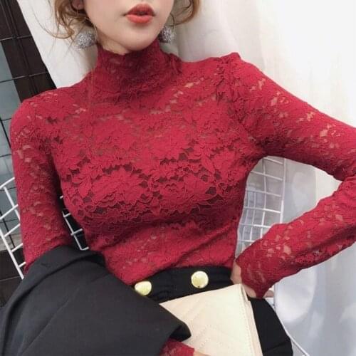 Womens Spring Autumn Style Lace Blouse Shirt Womens Solid Color Embroidery Turtleneck Long Sleeve Elegant Slim Tops DD8339