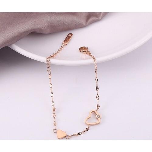 Rose Gold Stainless Steel Double Heart Bracelet for Women Lip Chain Hand Chain Jewelry