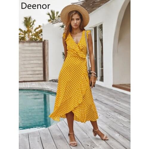 Deenor Elegant Sling Dress 2021Summer Women V Neck Polka Dot Ruffle Boho Long Chiffon Dresses Split Sexy Party Dress Robe