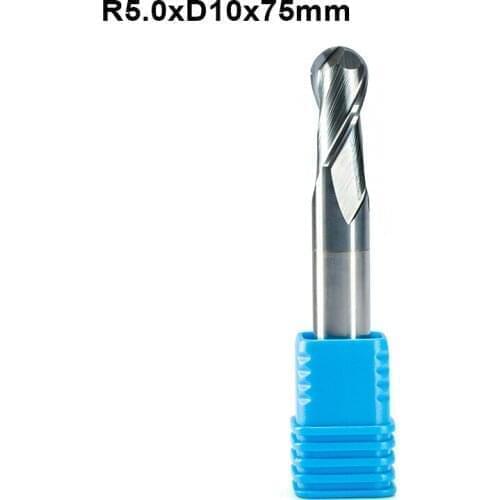 2pcs R5.0 Shank 10mm OVL 75mm HRC55 2 Flutes Ball Nose End Mill Milling Cutter CNC Router Bits Tools Bits for Metal Cutting
