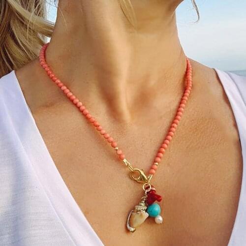 2021 Bohemian Red Coral Pendant Necklace Handmade Exquisite Beaded Choker Beach Travel Neck Accessories украшения женские Gift