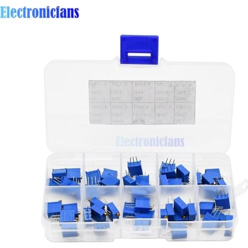 50Pcs/lot 10 Values 3296W 500R 1K 2K 5K 10K 20K 50K 100K 200K 1M Variable Resistance Multiturn Trimmer Potentiometer With Box